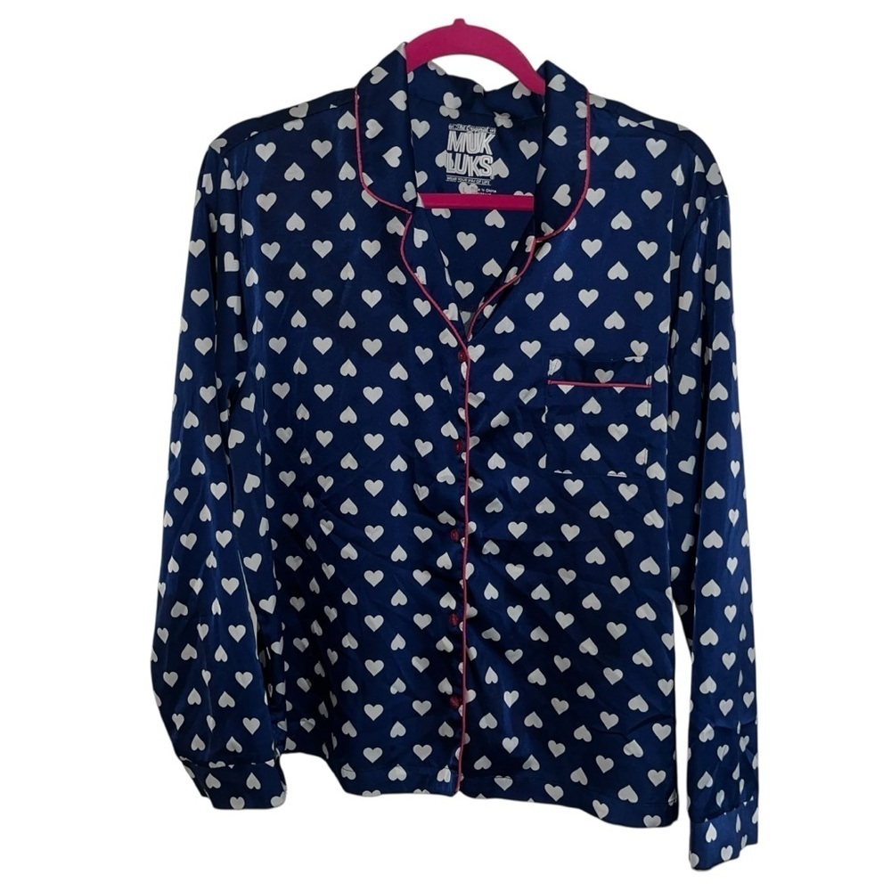 Navy blue white heart Button Down Shirt pajama top shirt L large muk luks